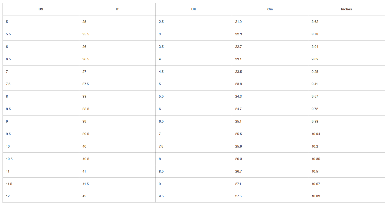 Product size guide