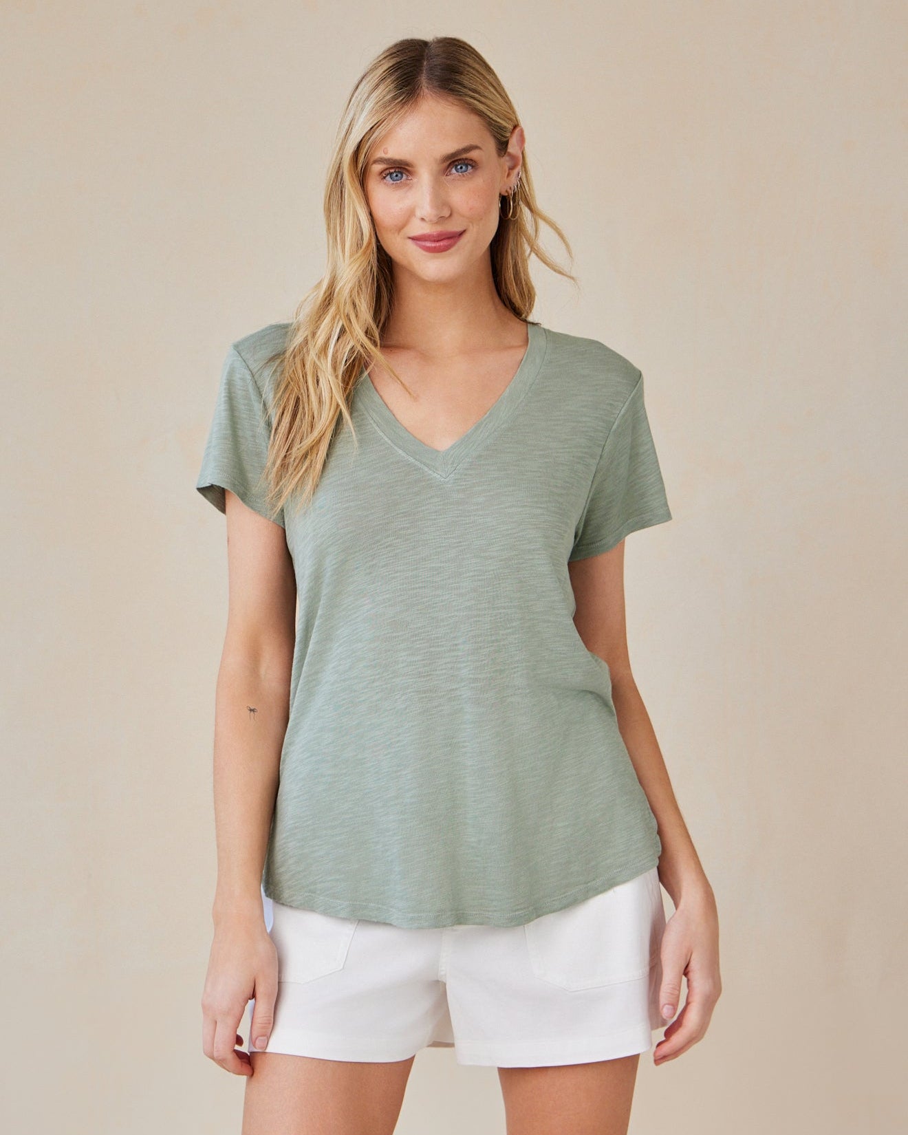 Side Slit V-Neck Tee | Olive Grove
