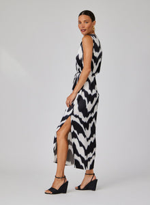 Sleeveless Belted Maxi Dress | Abstract Ikat Print