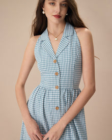 The Lapel Plaid Sleeveless Shirt Midi Dress Dresses - RIHOAS