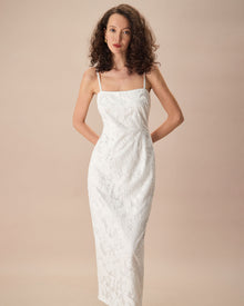 The Square Neck Jacquard Slip Maxi Dress White Dresses - RIHOAS