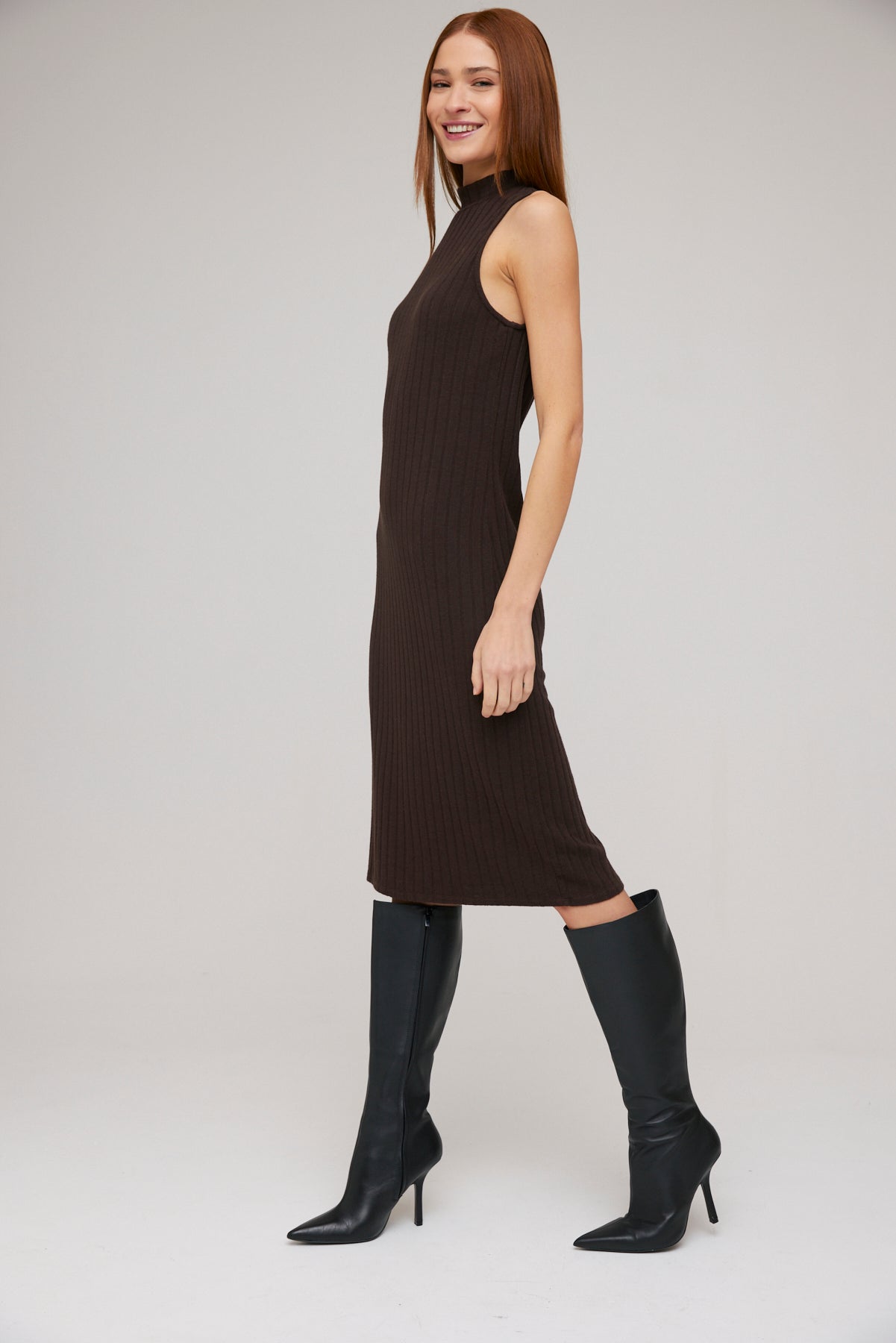 Turtleneck Sleeveless Midi Dress - Espresso Brown