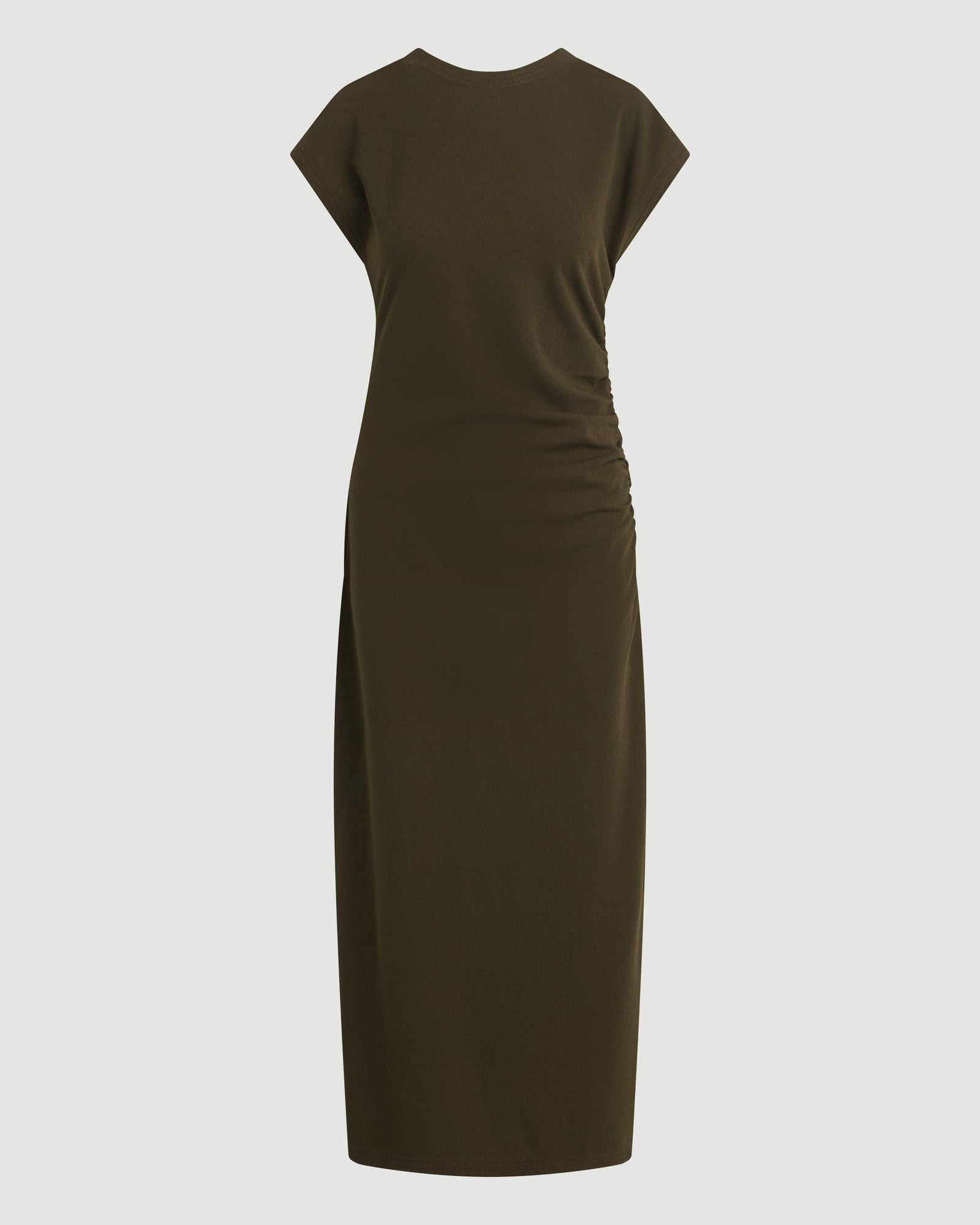 Vela Contrast-Stitch Ruched-Waist Dress (Petite) | Olive