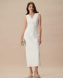 Women's Woven Polyester Maxi Dress White Dresses - RIHOAS